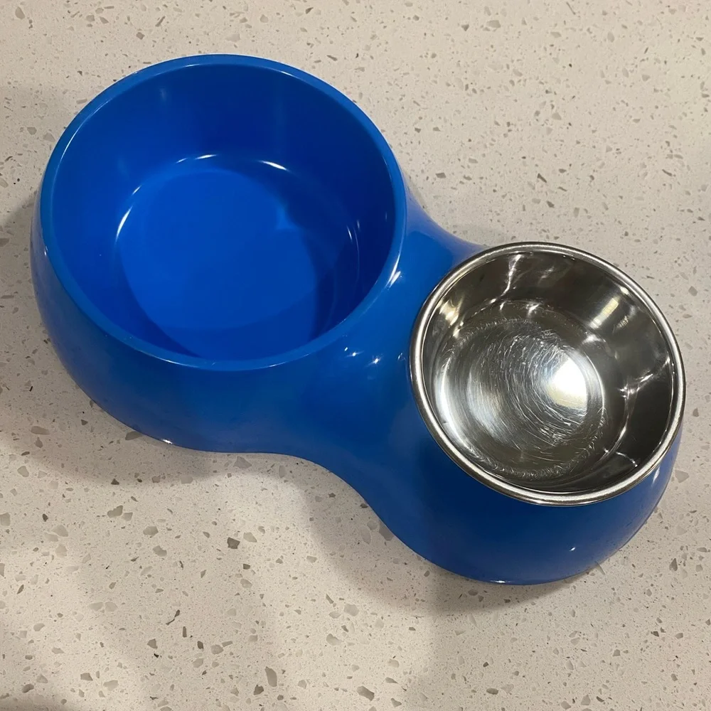 Stainless Steel Double Bowl Dog Cat Food Water Dish Feeding Station Blue
